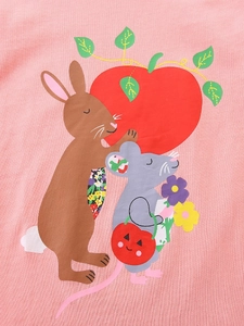 Pink girl's long sleeve cotton t-shirt featuring a cute rabbit and mouse cartoon print