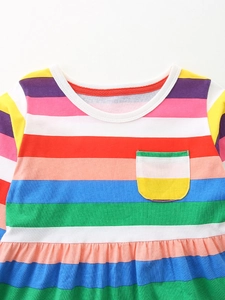 Girl's colorful rainbow striped long sleeve dress with a classic round neck and pocket