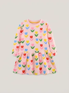 Robe en Coton à Manches Longues pour Petites Filles Imprimé Floral Col Rond Robe de Princesse Style Occidental Vêtements Enfants