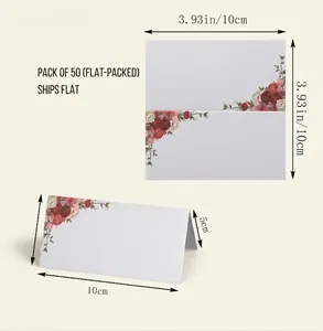Detailed view of floral wedding place cards in 10x10cm flat and 10x5cm folded sizes