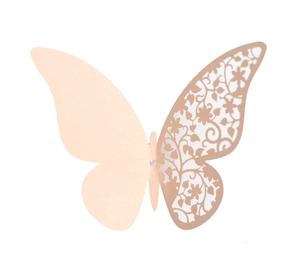 Detail of 3D hollow butterfly place card with rose gold floral laser cut design and crystal