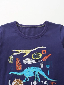 Long-sleeve navy blue boys' t-shirt with colorful dinosaur skeleton fossil print design