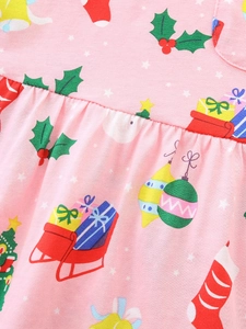 Robe de Noël rose pour filles avec imprimés festifs de traîneaux en coton tricoté doux