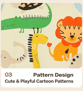 Close-up of baby fabric featuring cute cartoon lion, giraffe, and elephant patterns
