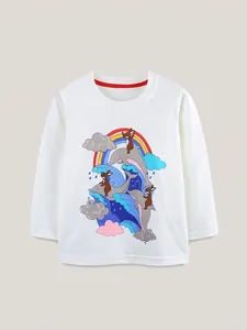 Maglietta in Cotone a Maniche Lunghe da Ragazza Autunno Cartone Animato Delfino Coniglio Arcobaleno Stampato Girocollo