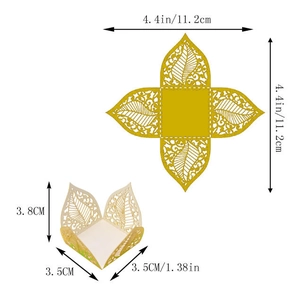 Detailed dimensions of gold laser cut leaf candy box with height and width labels