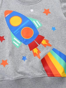 Graues Kinder-Sweatshirt aus Baumwolle mit buntem Raketenprint und Rippbündchen