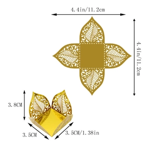 Detailed laser-cut gold leaf pattern wedding favor box with size measurements in cm and inch