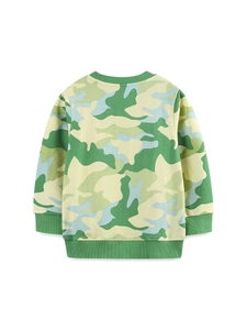 Kids long sleeve camouflage sweatshirt with green ribbed cuffs on white background
