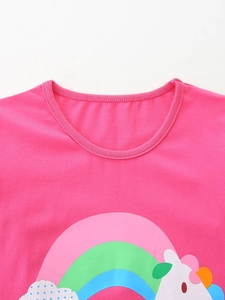 Girls long sleeve cotton t-shirt in rose pink with colorful unicorn and rainbow print