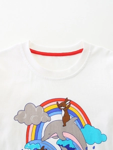 T-shirt bambina in cotone a maniche lunghe con stampa cartoon coniglio e delfino