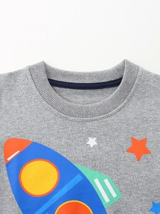 Graues Kinder-Sweatshirt mit buntem Raketen-Print und geripptem Rundhalsausschnitt