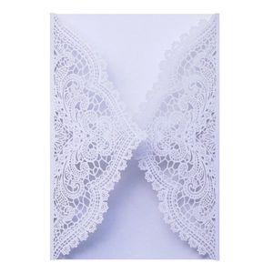 Detailed laser cut lace pattern on lavender wedding invitation sleeve and cover