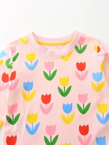 Robe rose à manches longues pour filles avec imprimés de tulipes et col rond côtelé