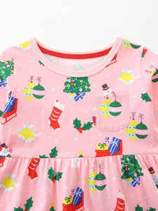 Robe de Noël rose en maille de coton pour fille avec motifs festifs et poches