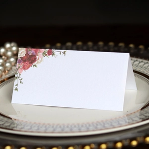 Elegant floral wedding place cards with vintage rose print on premium white paper stock