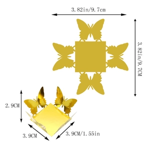 Detailed dimension drawing of golden mirror butterfly candy box with metric measurements