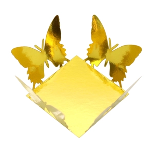 Detail of 3D gold mirror butterfly candy box decoration with hollow lace and metallic finish