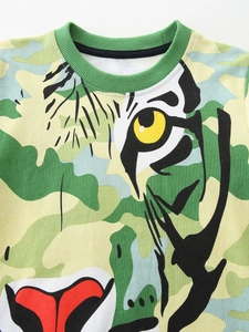 Boys' green camouflage sweatshirt with bold cartoon animal print and ribbed crew neck