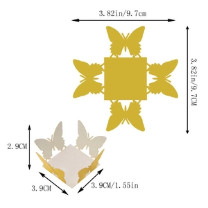 Flat and 3D butterfly lace paper candy box showing precise dimensions for party decor