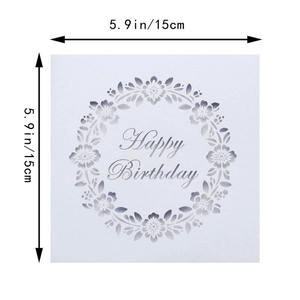 Detailed view showing the 15cm x 15cm size specifications of the laser-cut birthday card