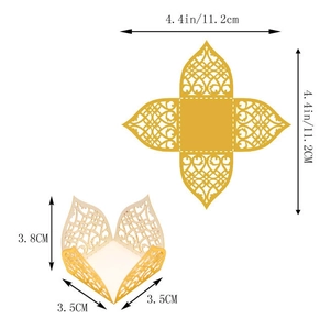Detailed dimensions of laser cut golden wedding favor box showing flat and folded state