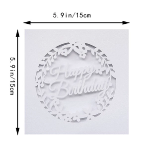 Macro detail of laser-cut Happy Birthday card with floral wreath 15cm x 15cm
