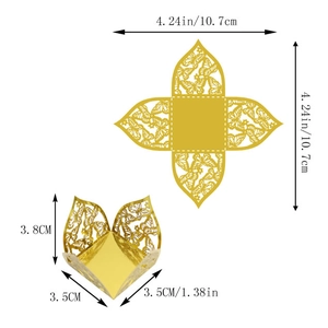 Laser-cut butterfly candy box dimensions showing 10.7cm flat and 3.8cm folded size