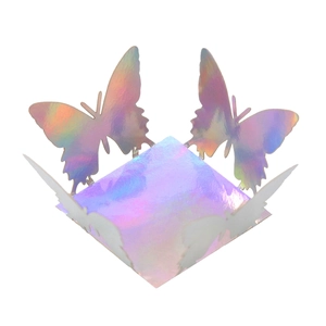 Detailed macro view of a 3D holographic butterfly candy box with iridescent metallic finish