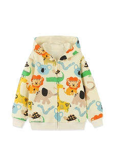 Toddler hooded zip-up sweatshirt with colorful cartoon animal prints on beige cotton
