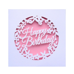 Macro detail of laser-cut floral pattern and Happy Birthday text on white and pink card