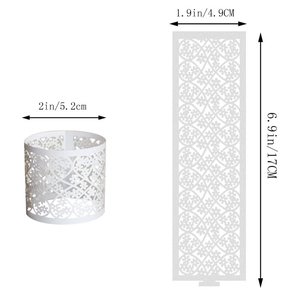 Laser cut white paper candle wraps with floral lace pattern showing exact dimensions