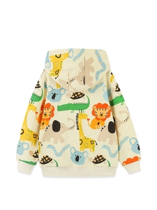Kids cream hooded zip-up sweatshirt with colorful all-over cartoon animal print