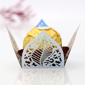Macro shot of laser-cut hollow leaf pattern on light blue pearlescent paper candy box