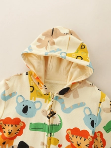Boys hooded zip-up sweatshirt with waffle texture and colorful cartoon animal prints