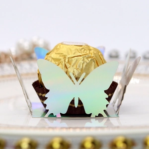 Laser-cut iridescent butterfly hollow candy box wrap with shimmering rainbow reflections