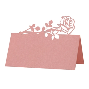 Pink laser-cut rose place card with pearlescent finish for wedding table decor