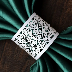 Detail showing laser-cut floral pattern on white pearlescent paper napkin ring decoration
