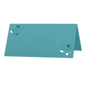 Tarjeta de mesa de boda azul verdoso con diseño de corazón y brillo nacarado