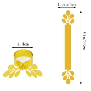 Detail of golden glitter paper napkin rings with dimensions and hollow leaf patterns