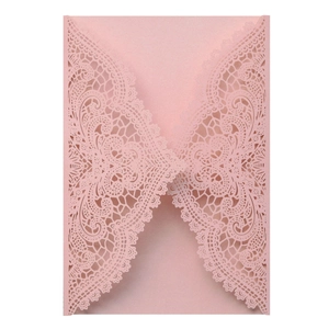 Elegant laser-cut lace wedding invitation cover in pearlescent light pink finish