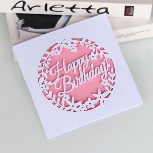 Detail of laser-cut Happy Birthday card with floral patterns and pink inner layer