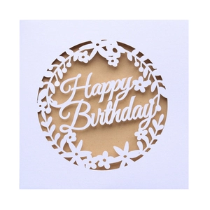 Close-up of laser-cut Happy Birthday card with floral hollow pattern on white cardstock