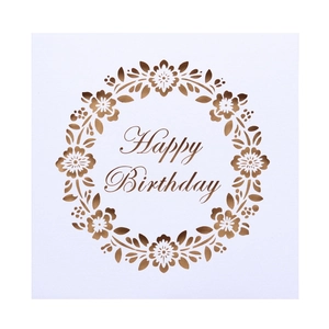 Elegant laser-cut square Happy Birthday card with bronze floral wreath and calligraphy