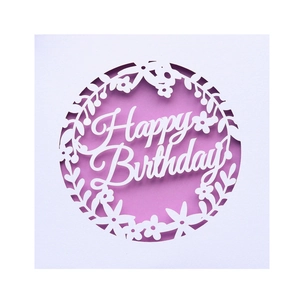 Detail showing the intricate laser-cut floral design and Happy Birthday typography on the card