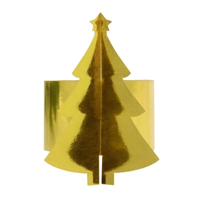 Vue de face d'un rond de serviette doré en forme de sapin de Noël avec finition miroir