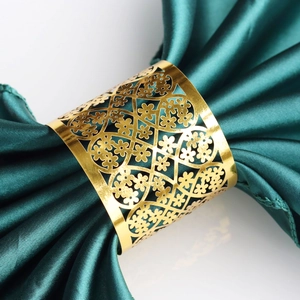 Detailed macro of gold mirror napkin ring with elegant floral lace cutout design