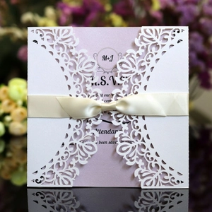 Elegant Laser Cut Wedding Invitation Cards White Pearlescent Paper With Satin Ribbon Bow RSVP Invitation Card For Party Events