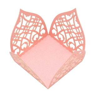 Pink laser-cut pearlescent paper candy box with intricate floral lace for weddings