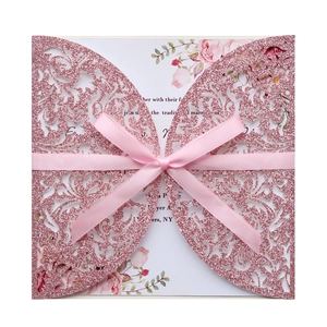 Invitations de Mariage Découpe Laser Paillettes Creux Floral Cartes d'Invitation Avec Nœud Enveloppe Feuille Intérieure pour Fête